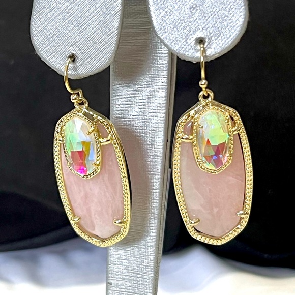 NWT Kendra Scott RARE & Retired Emmy Earrings Rose Quartz, Dichroic Yellow Gold - Picture 15 of 17